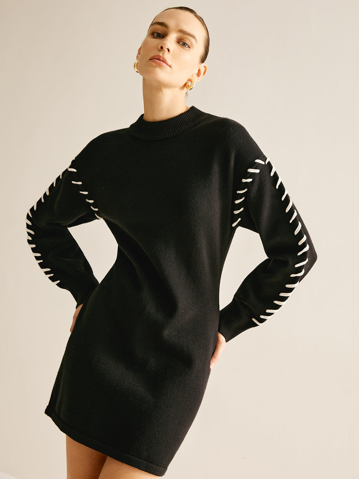 Contrast Trim Sweater Short Dress Casual Fall Fashion
