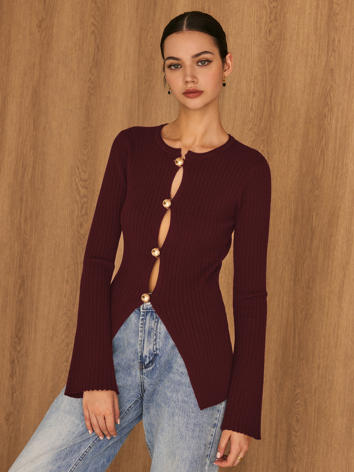Golden Button Split Knit Top Cozy Long Sleeve Casual Wear