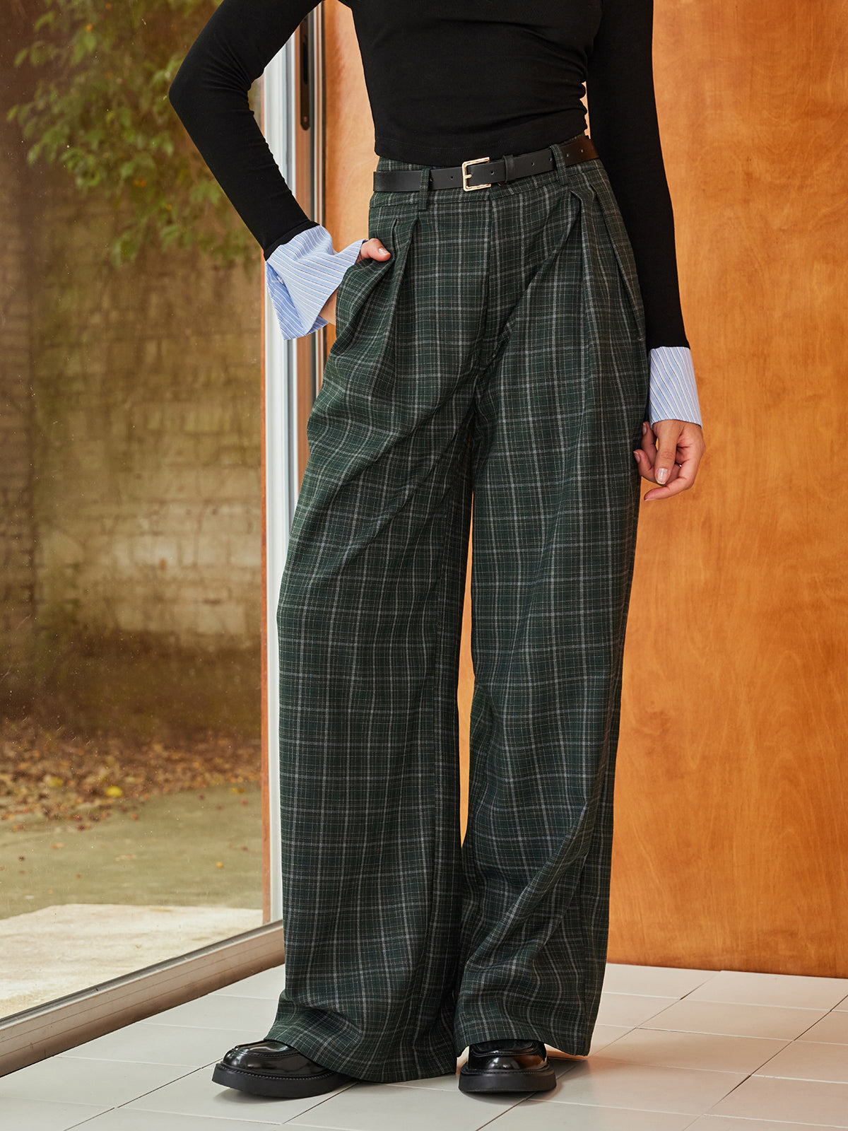 Vintage Plaid Belted Wide-Leg Pants for Women High Waist