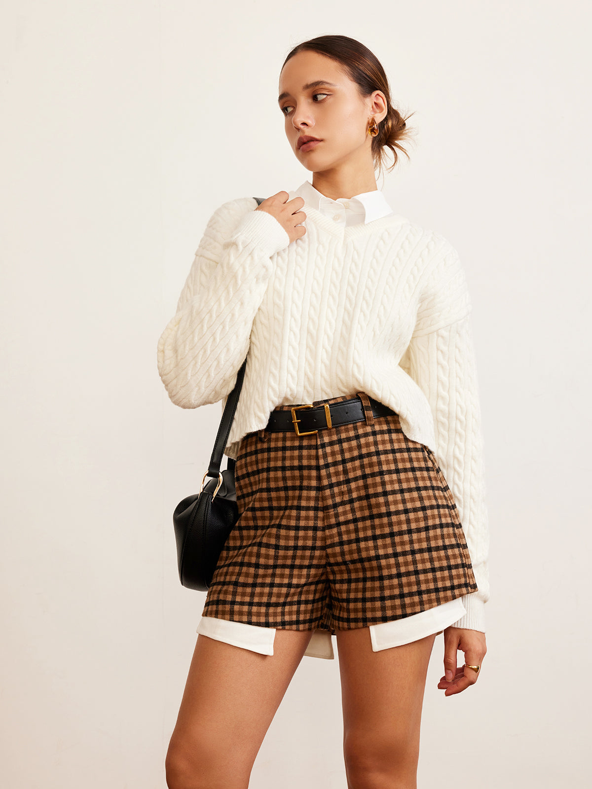 V-Neck Plain Cable Knit Sweater Comfortable Long Sleeve