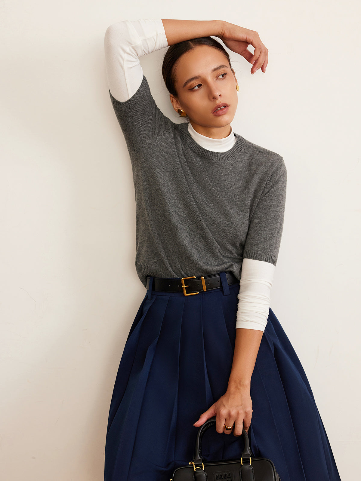 Wool-Blend Crew Neck Knit Top for Women All Seasons Comfort