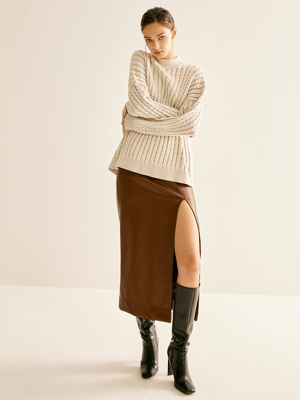 Minimalist Plain Cable Sweater for Women Cozy Winter Knit
