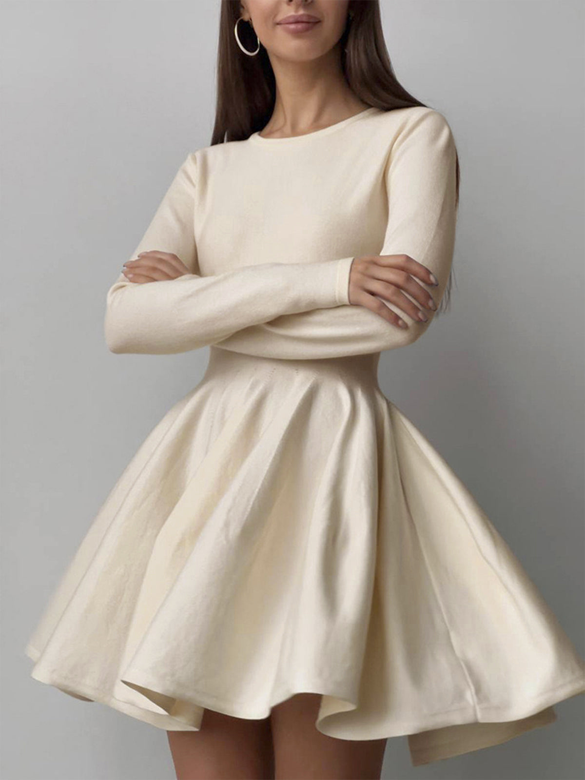 Plain Pleated Sweater Short Dress for Women Casual Fall Winter