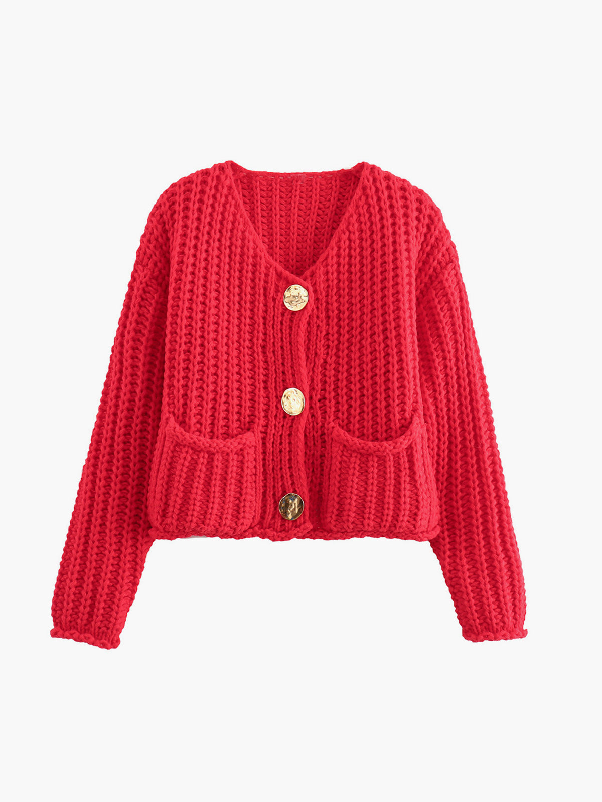 A bright red, chunky knit cardigan with a relaxed fit, two pockets, and gold buttons.