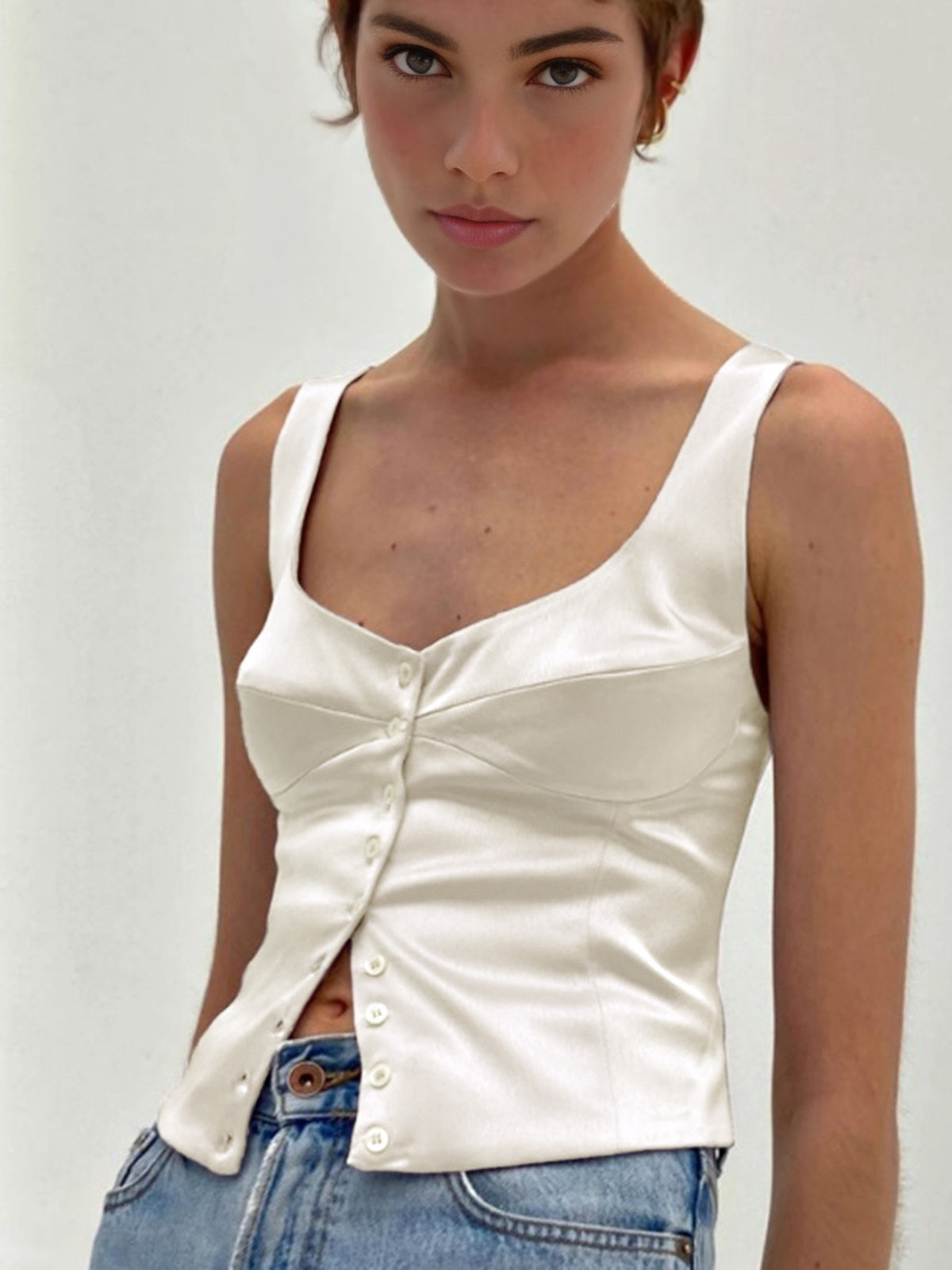 Casual Button-Front Strappy Top Women's Lightweight Summer Blouse