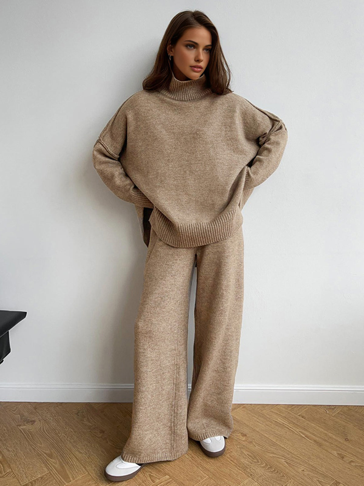 Plain Turtleneck Knit Pants Set - Cozy Winter Loungewear for Women