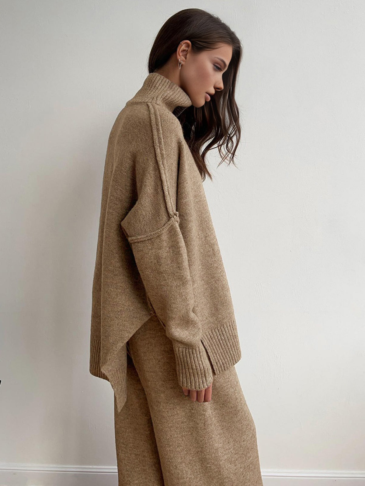 Plain Turtleneck Knit Pants Set for Women Comfortable Winter Lounge Wear