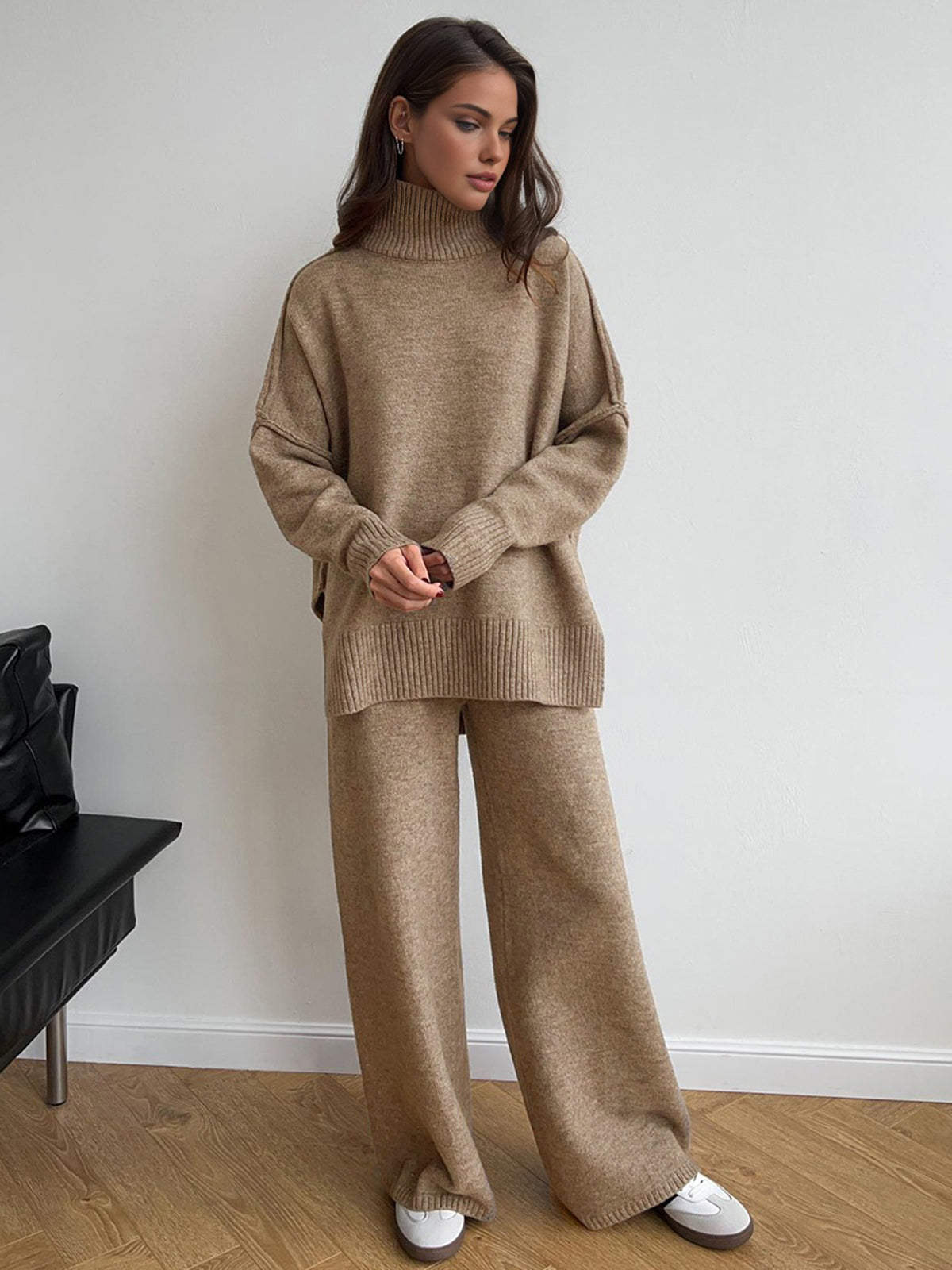 Plain Turtleneck Knit Pants Set - Cozy Winter Loungewear for Women