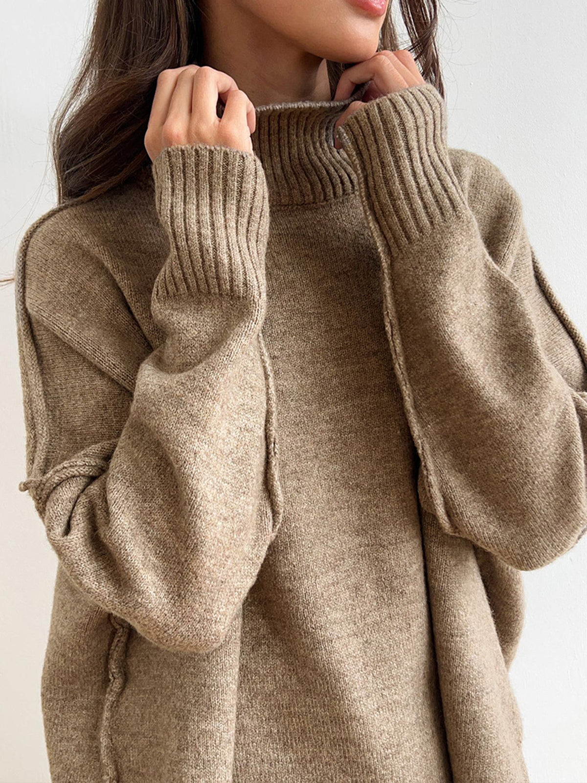 Plain Turtleneck Knit Pants Set - Cozy Winter Loungewear for Women