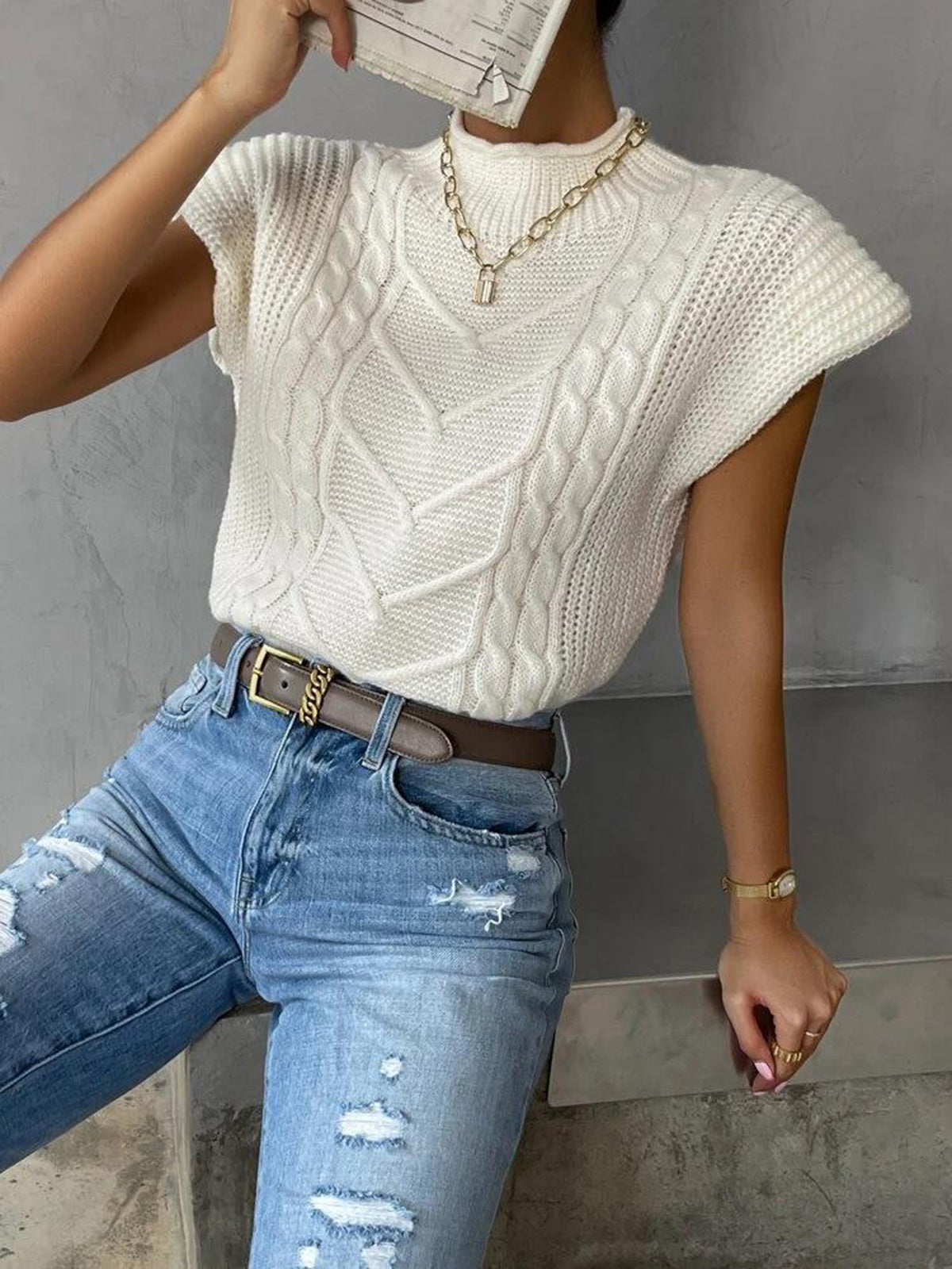 Plain Cap Sleeve Sweater Vest for Women Casual Wear