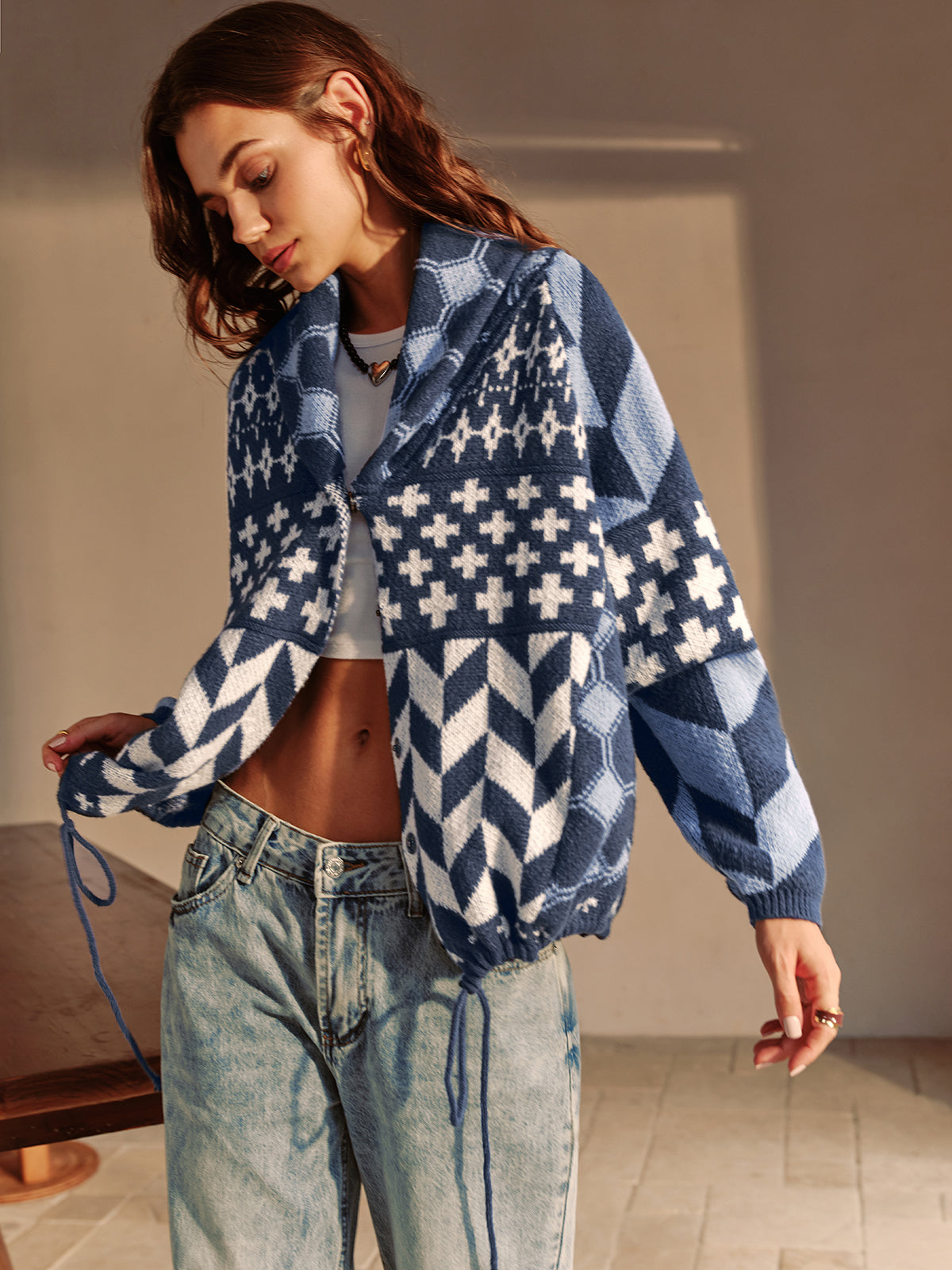Boheme Printed Lapel Cardigan Lightweight Transitional Outerwear