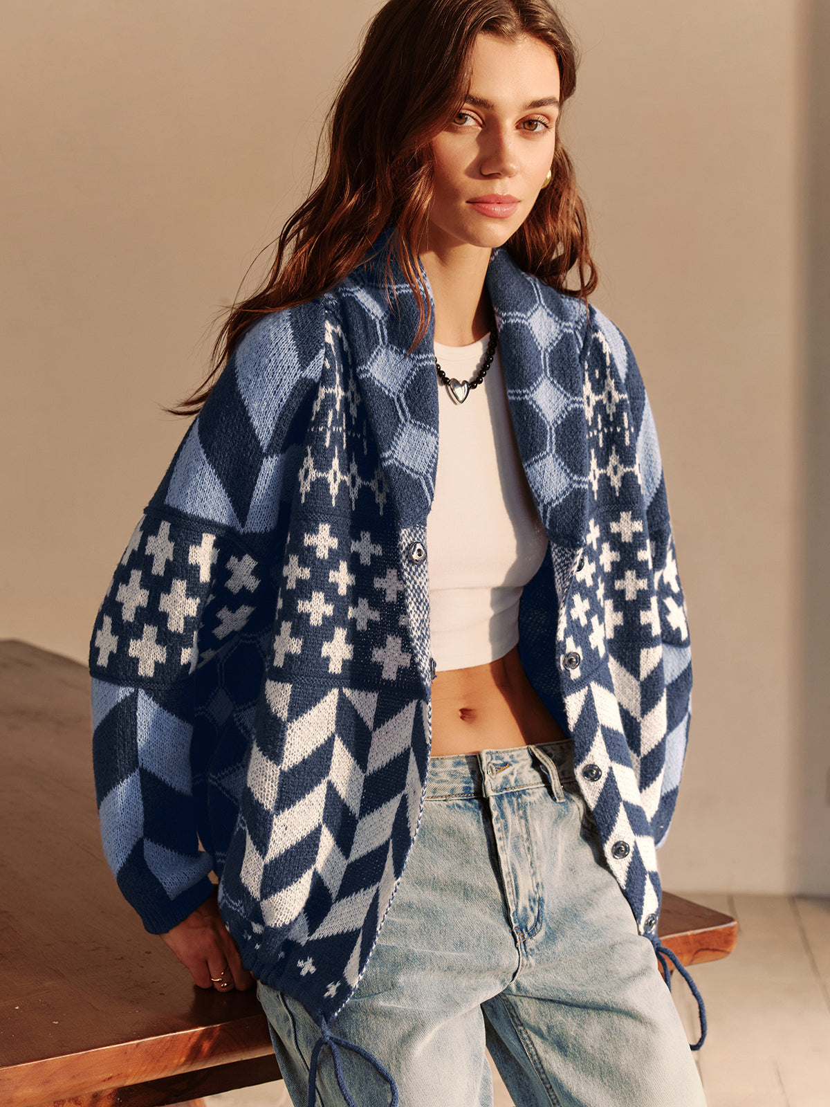Boheme Printed Lapel Cardigan Lightweight Transitional Outerwear