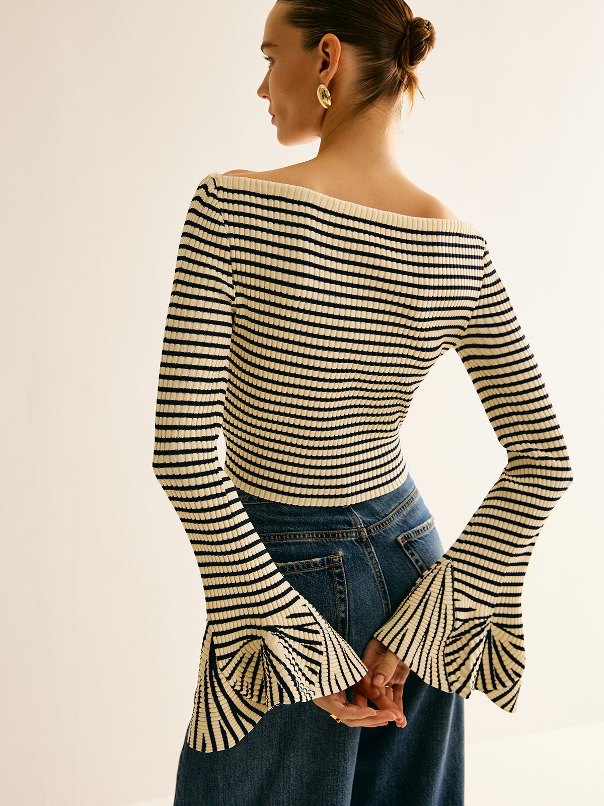Striped Ruffle-Sleeve Knit Top Women's Casual Spring Wear