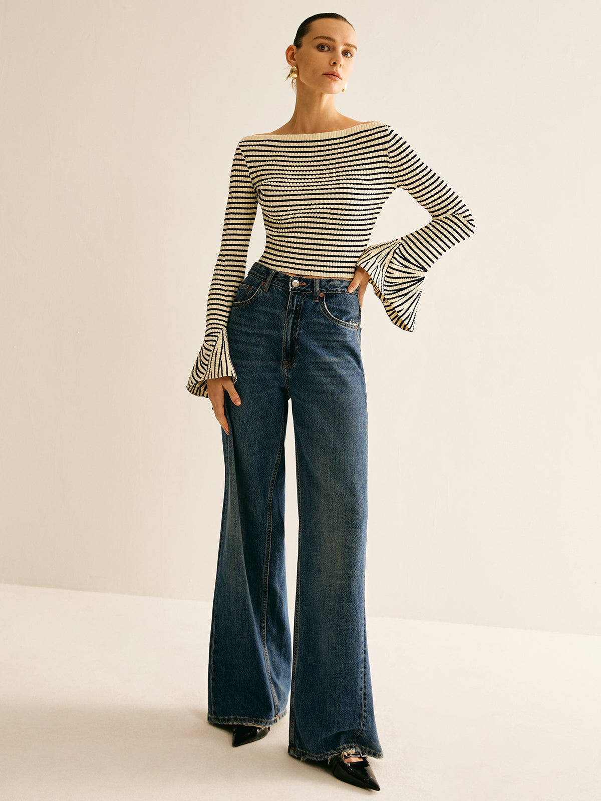 Striped Ruffle-Sleeve Knit Top Women's Casual Spring Wear
