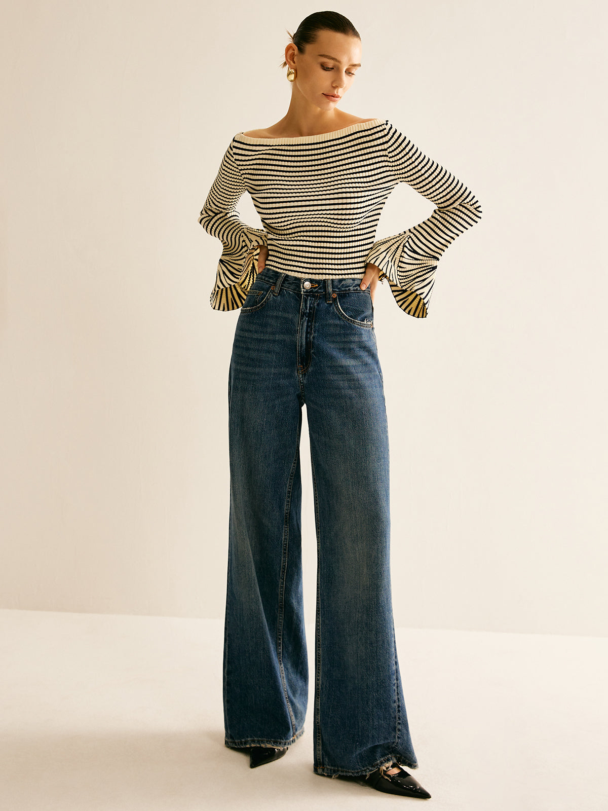 Striped Ruffle-Sleeve Knit Top Women's Casual Spring Wear