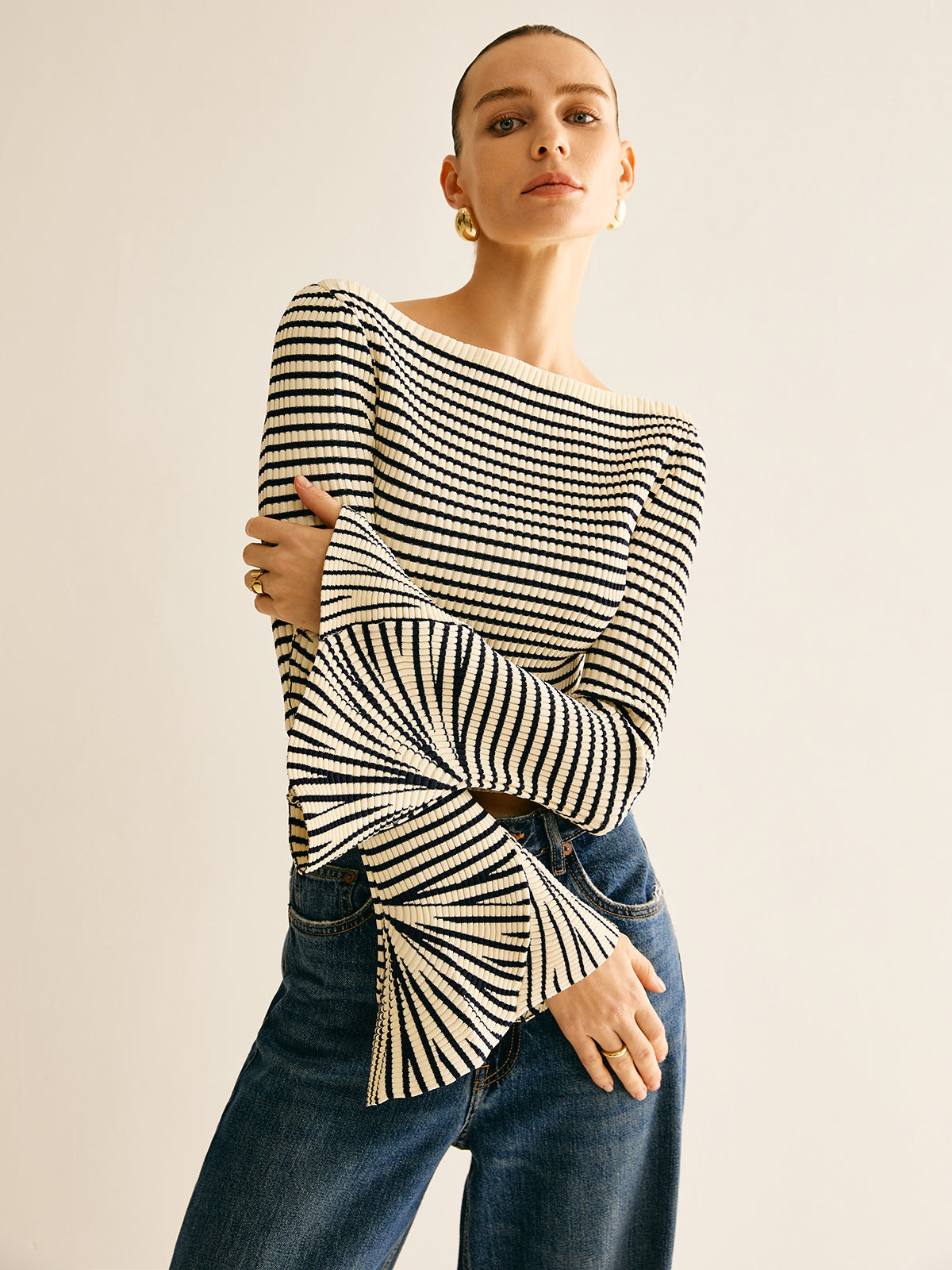 Striped Ruffle-Sleeve Knit Top Women's Casual Spring Wear