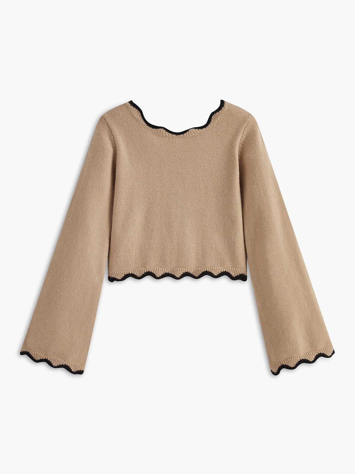 Contrast Wave Trim Bow Sweater with Elegant Ribbed Cuffs
