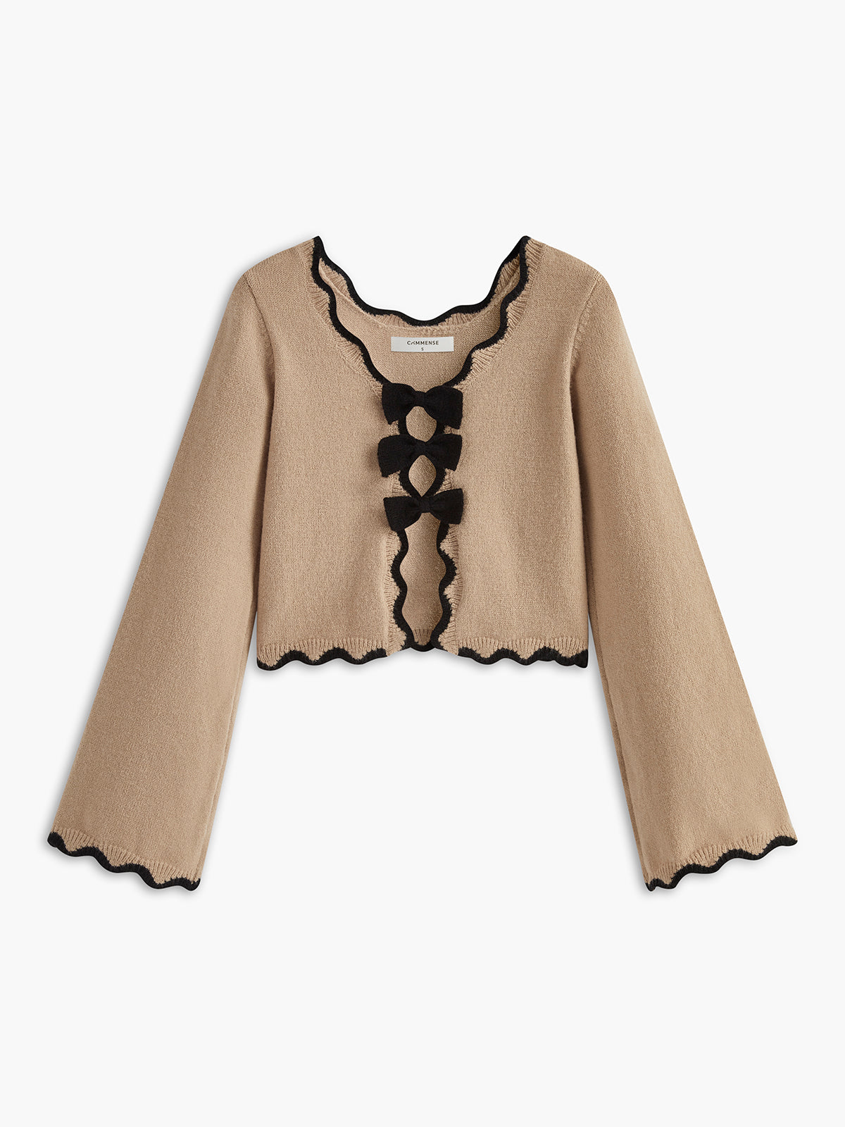 Contrast Wave Trim Bow Sweater with Elegant Ribbed Cuffs