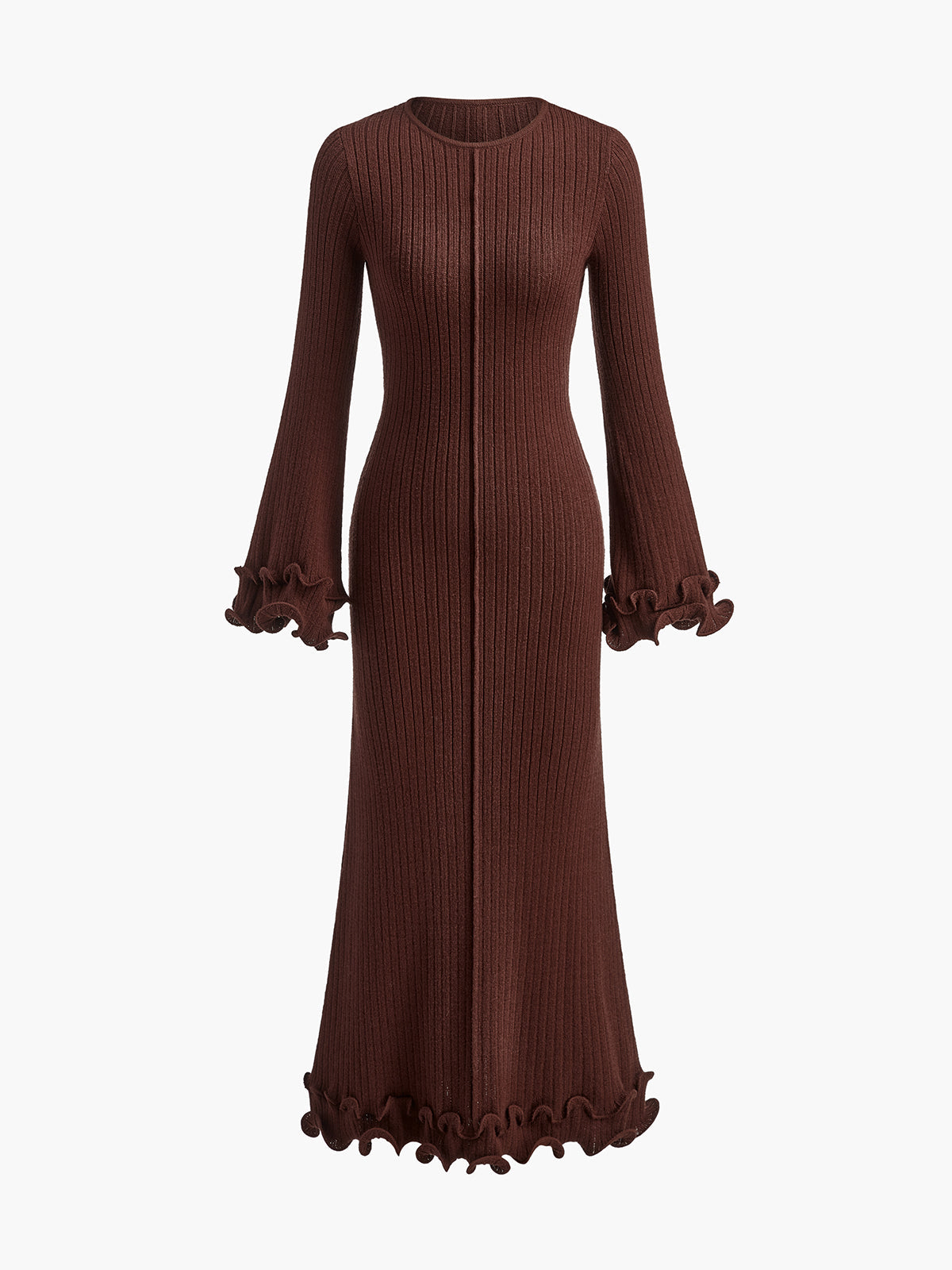 Semi-Sheer Piping Ruffle Drawstring Knit Dress for Women Elegant Comfortable Stylish