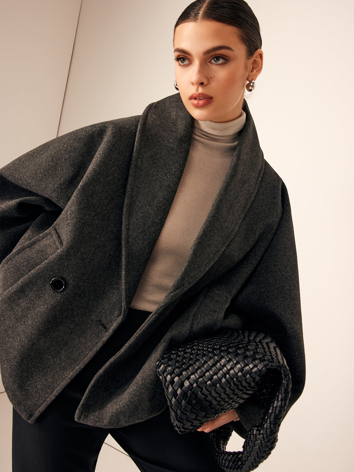 Tweed Pockets Loose Coat for Women Casual Style