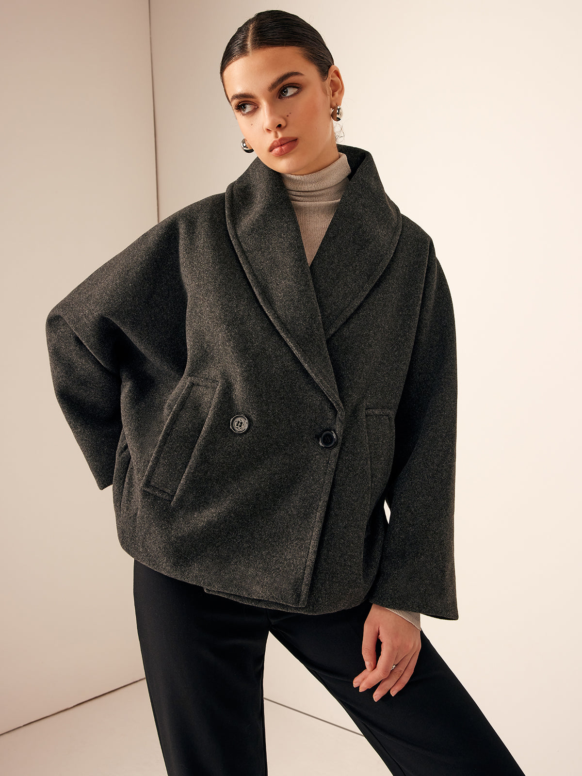 Tweed Pockets Loose Coat for Women Casual Style