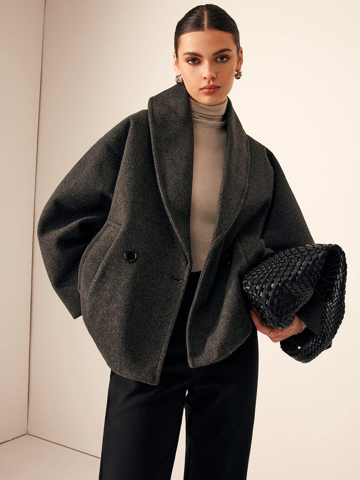 Tweed Pockets Loose Coat for Women Casual Style
