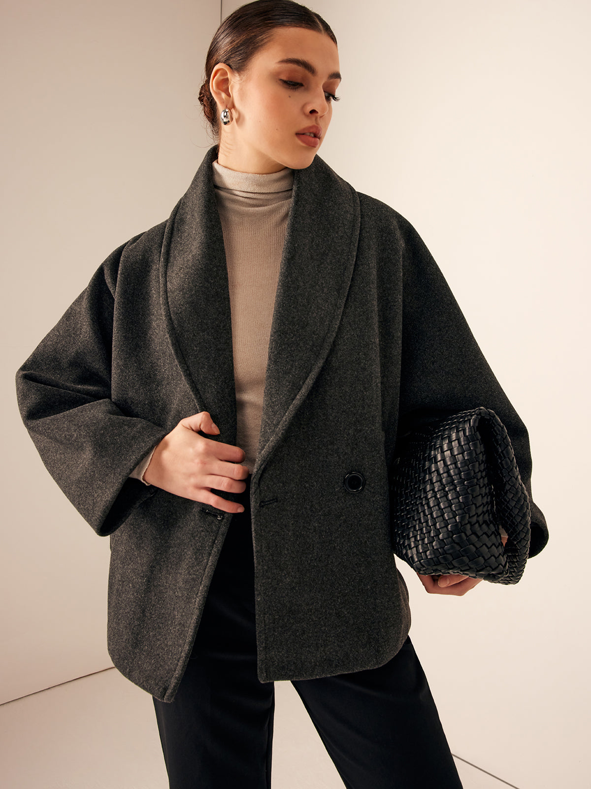 Tweed Pockets Loose Coat for Women Casual Style