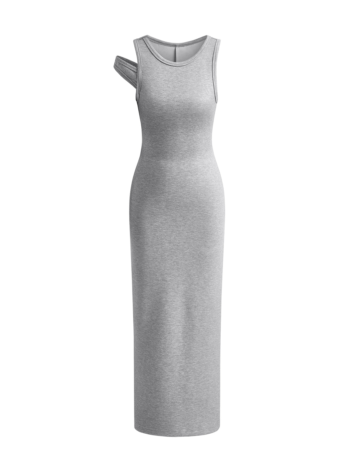 Asymmetrical Crew Neck Split Maxi Dress with Long Sleeves and Belt