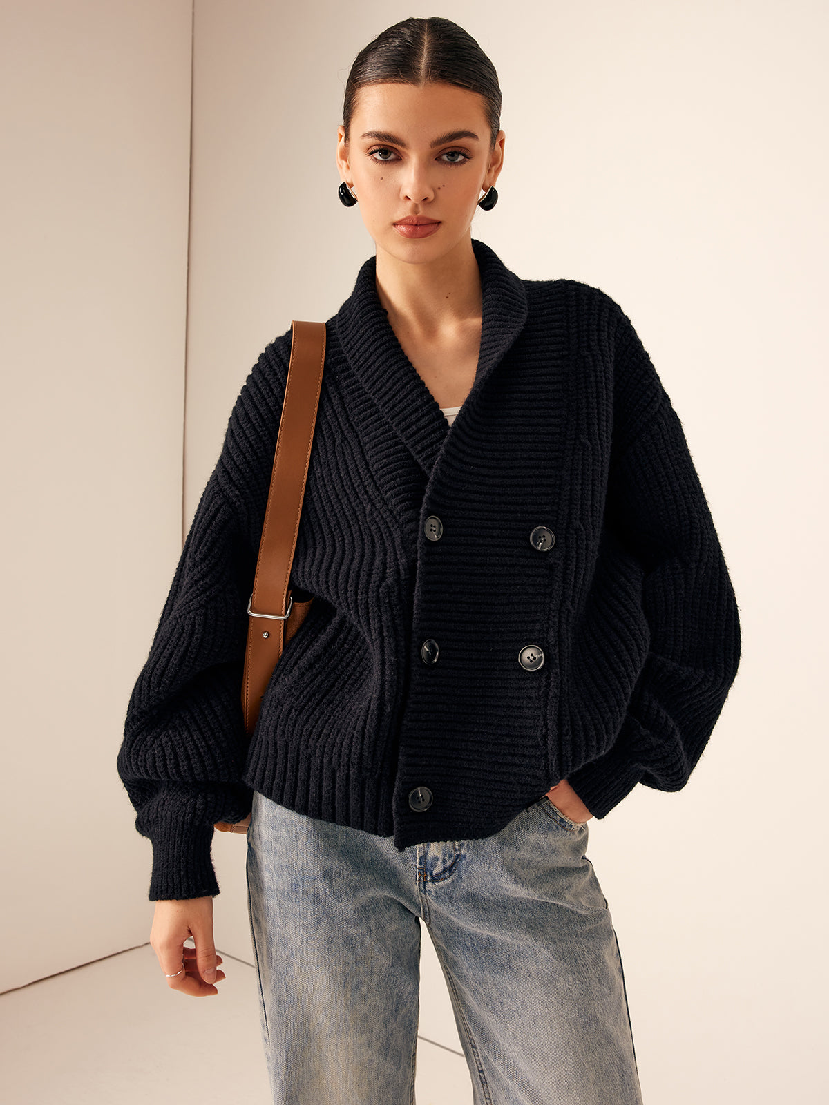 Ribbed Lapel Button Knit Outerwear Casual Fashion Sweater Coat