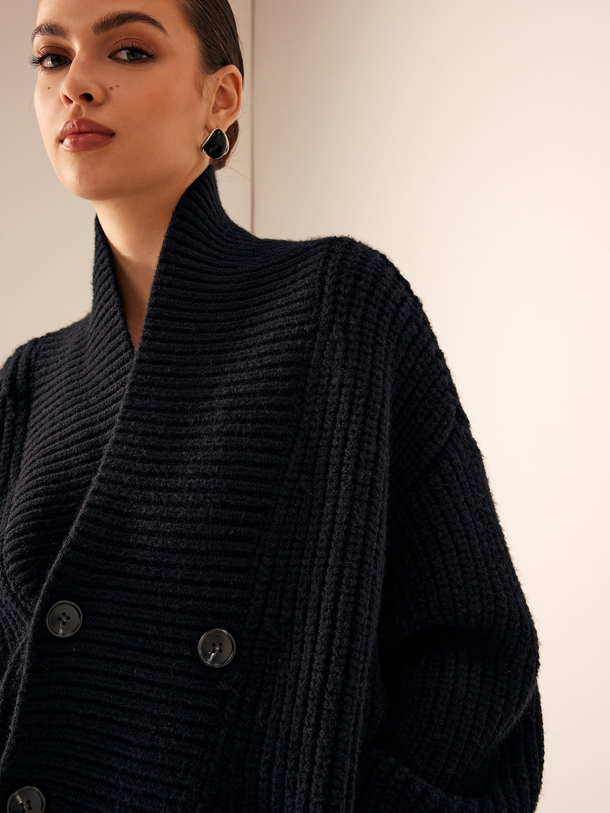 Ribbed Lapel Button Knit Outerwear Casual Fashion Sweater Coat