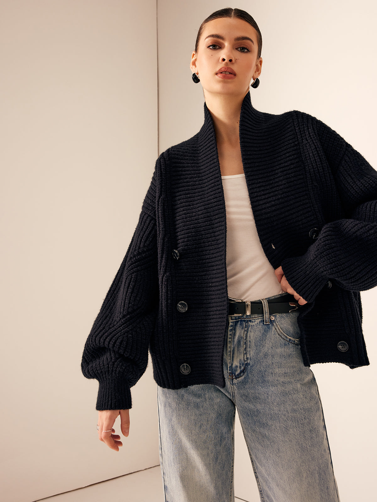 Ribbed Lapel Button Knit Outerwear Casual Fashion Sweater Coat