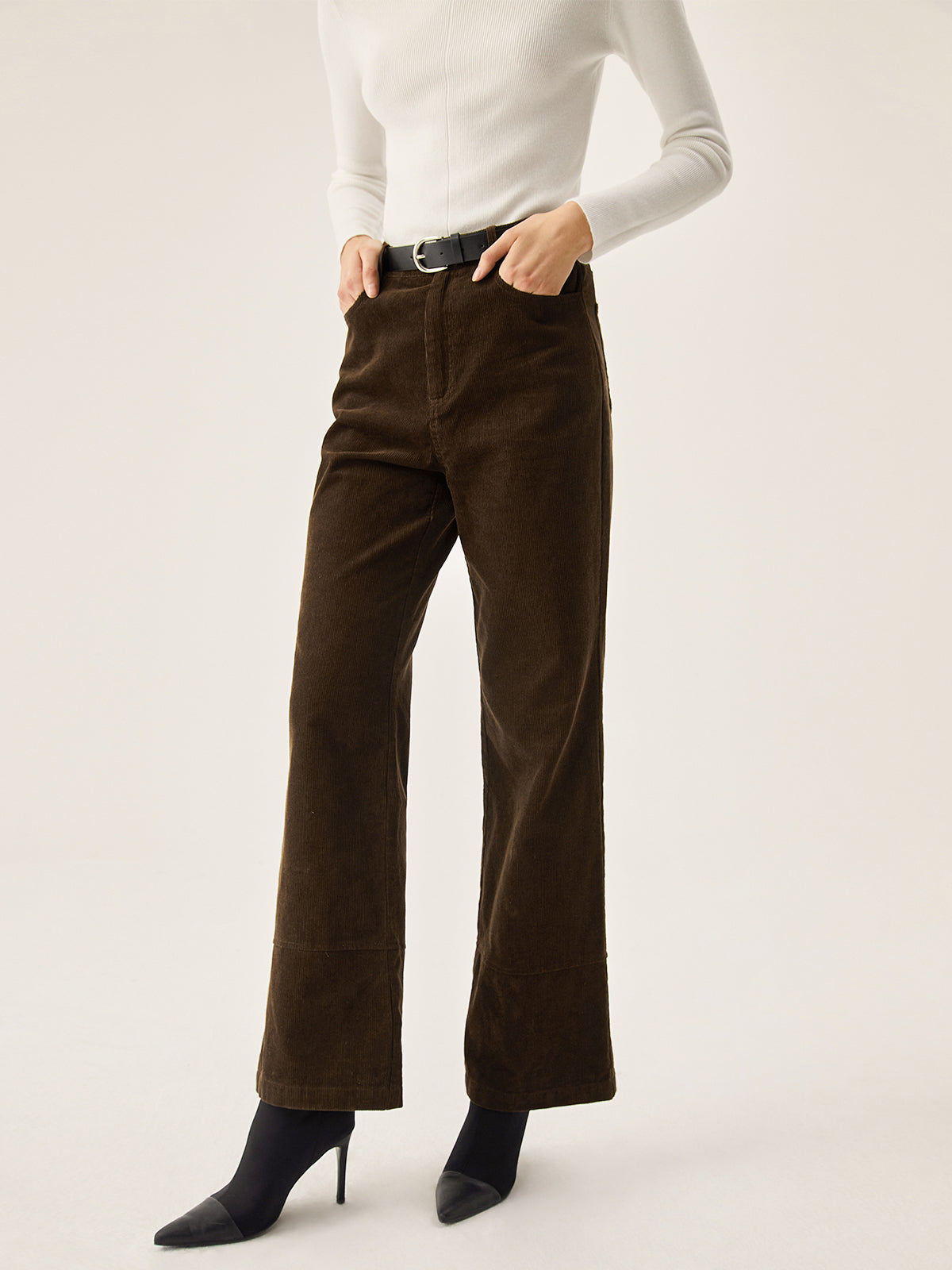 Corduroy Wide Leg Pocket Pants with Elastic Waistband