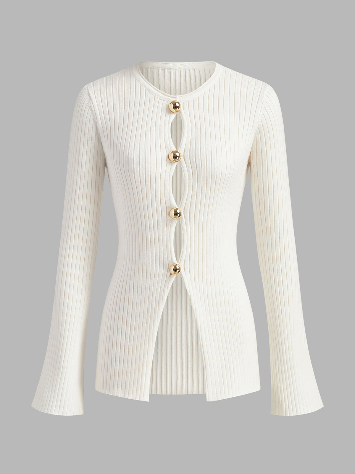 Golden Button Split Knit Top Cozy Long Sleeve Casual Wear