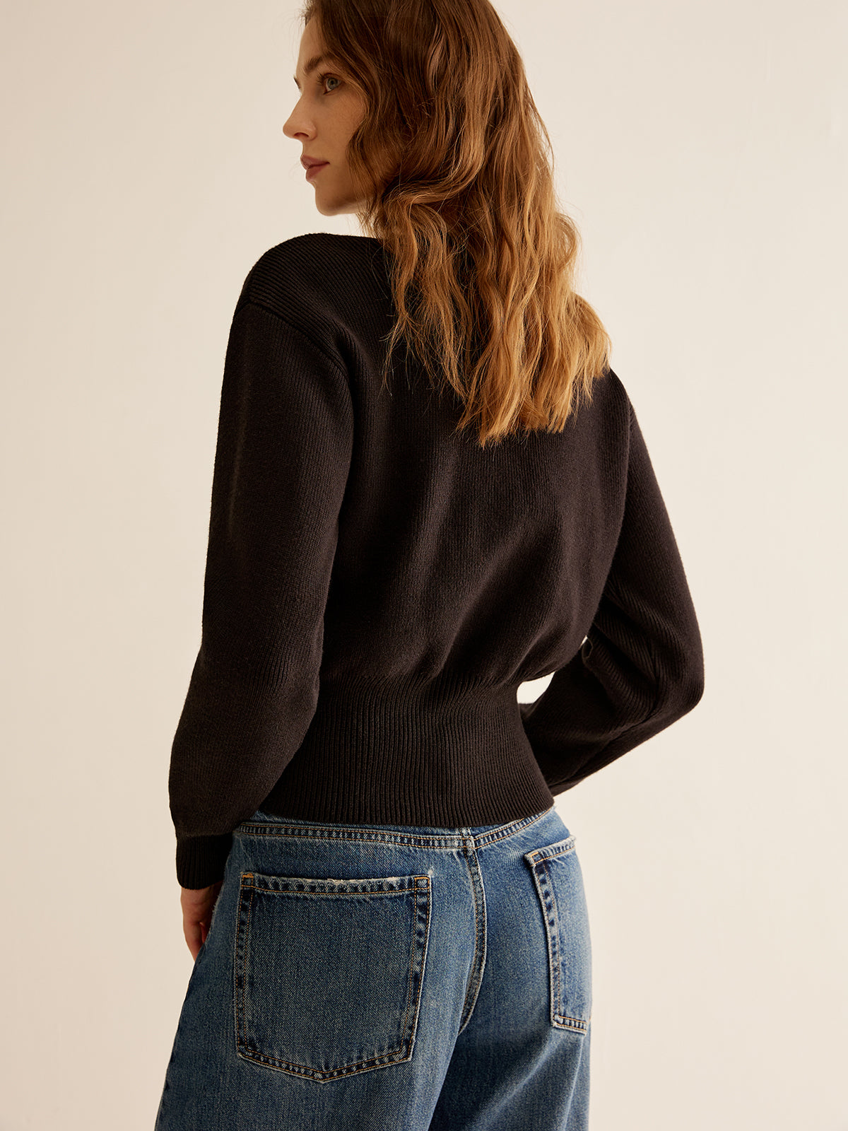 Ribbed V-Neck Cinched Cardigan Sweater for Women