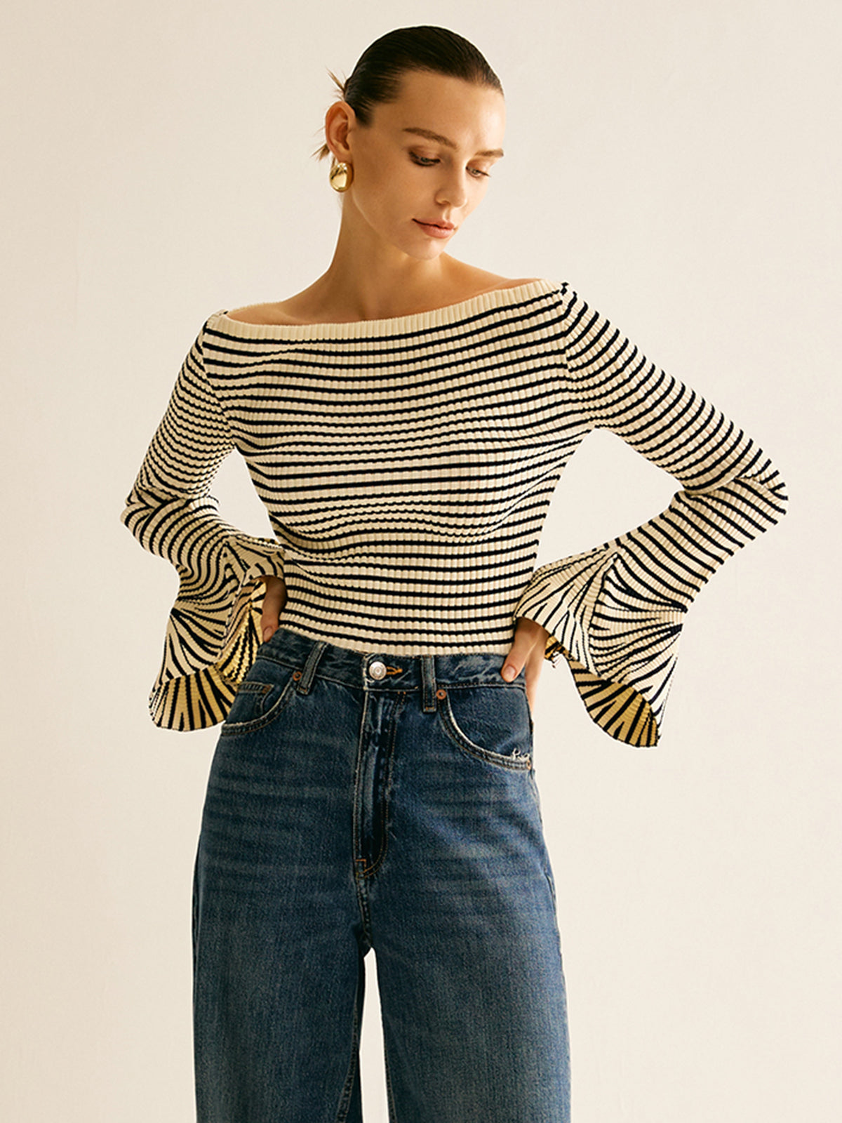 Striped Ruffle-Sleeve Knit Top Women's Casual Spring Wear