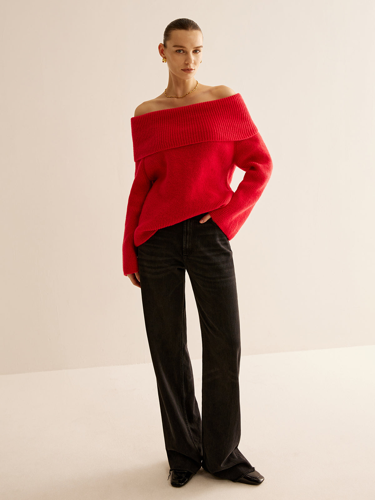 Off-Shoulder Ribbed Sweater for Women Casual Comfort