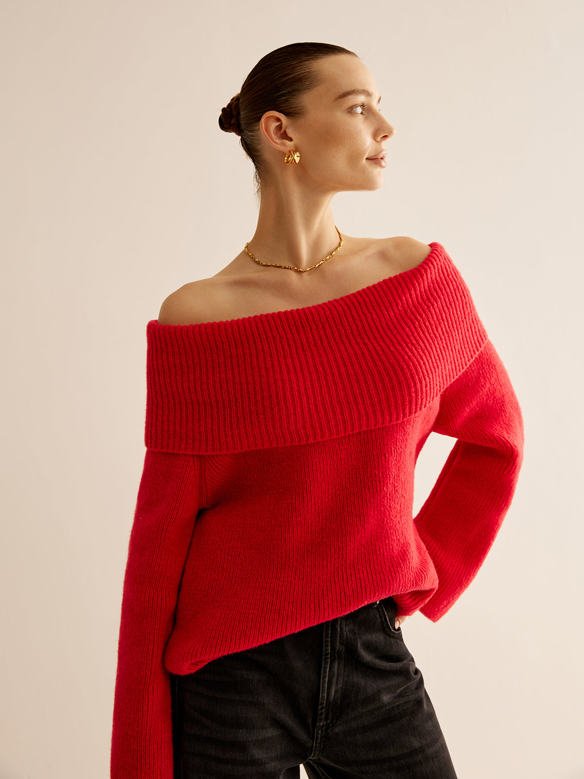 Off-Shoulder Ribbed Sweater for Women Casual Comfort