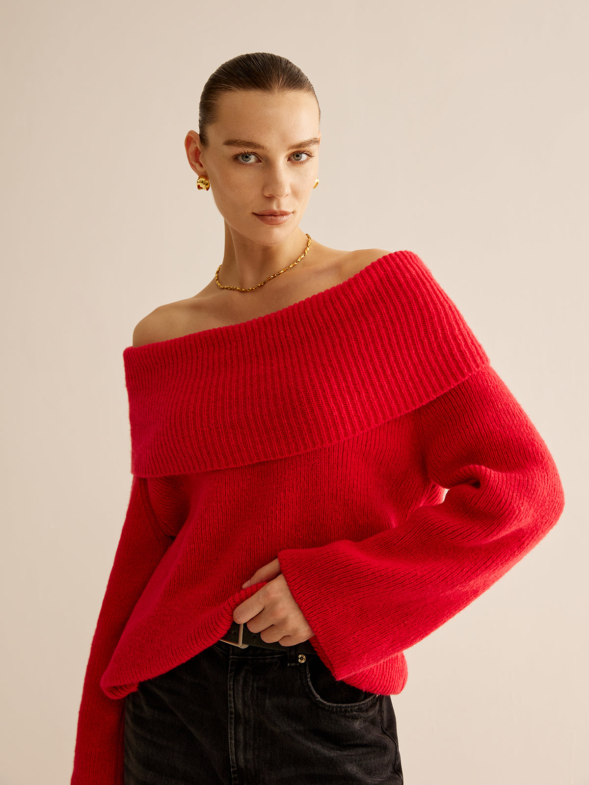 Off-Shoulder Ribbed Sweater for Women Casual Comfort
