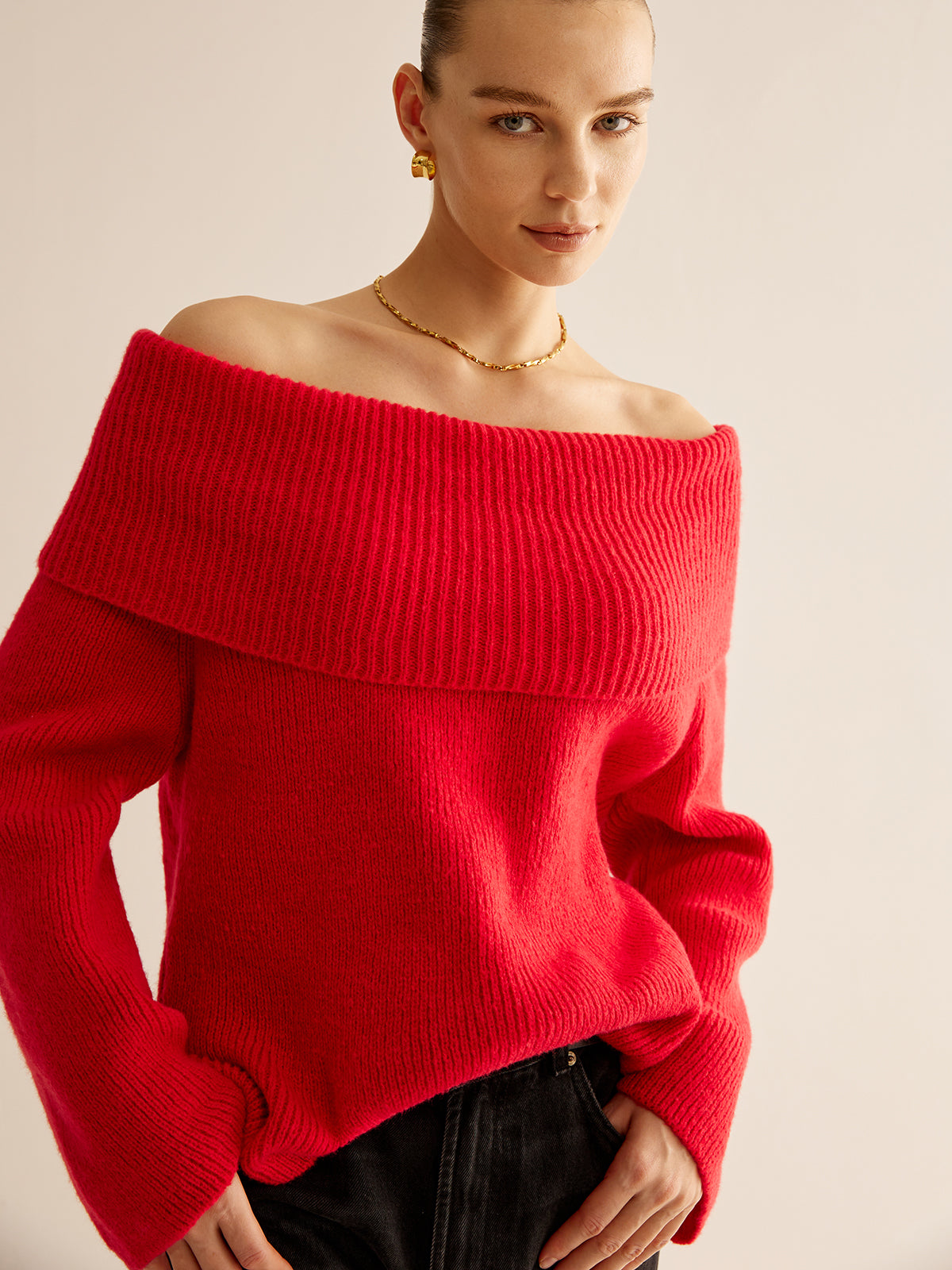 Off-Shoulder Ribbed Sweater for Women Casual Comfort