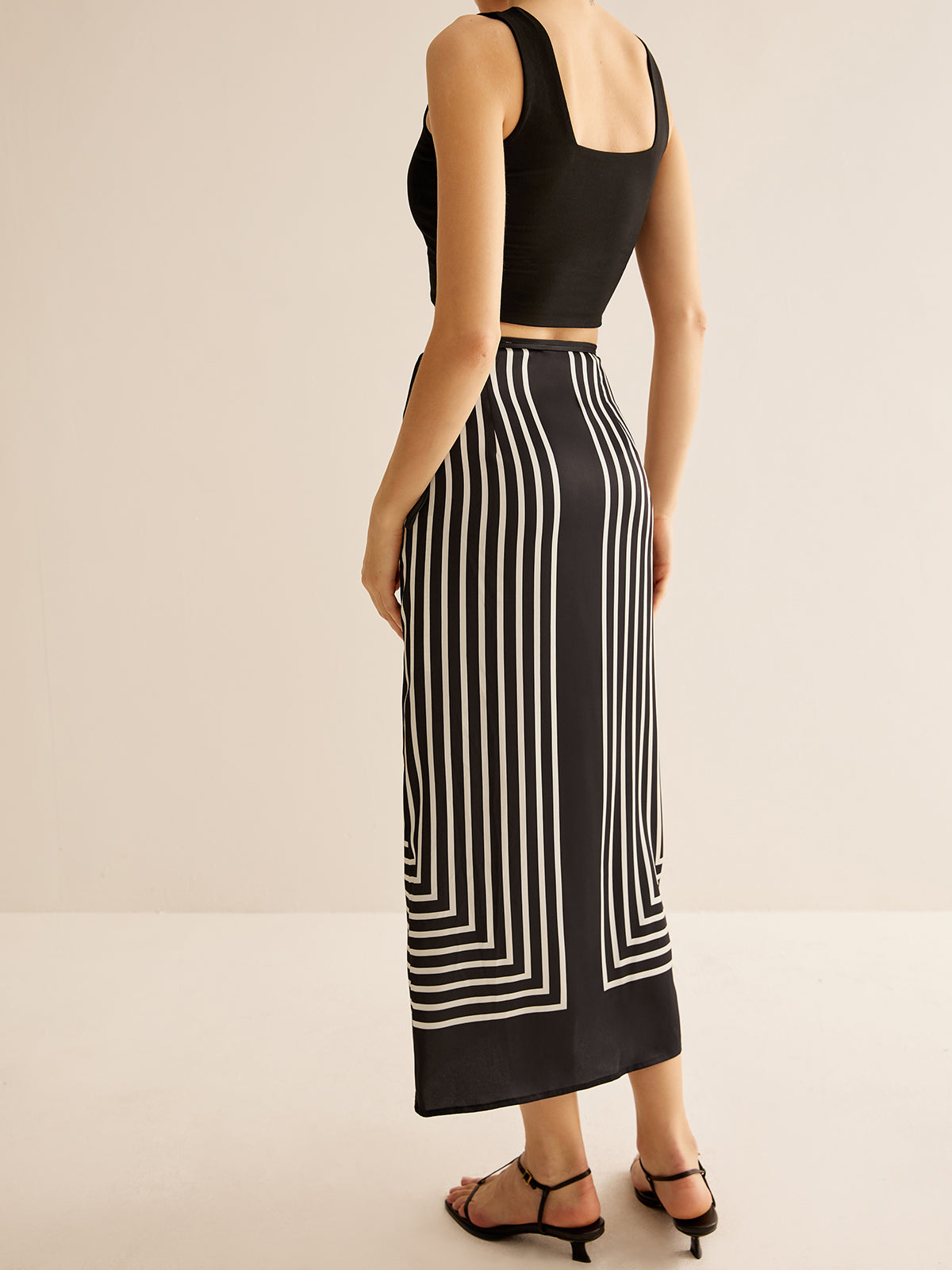 Geometric Pinstripe Satin Wrap Tie Skirt with Adjustable Waist Closure