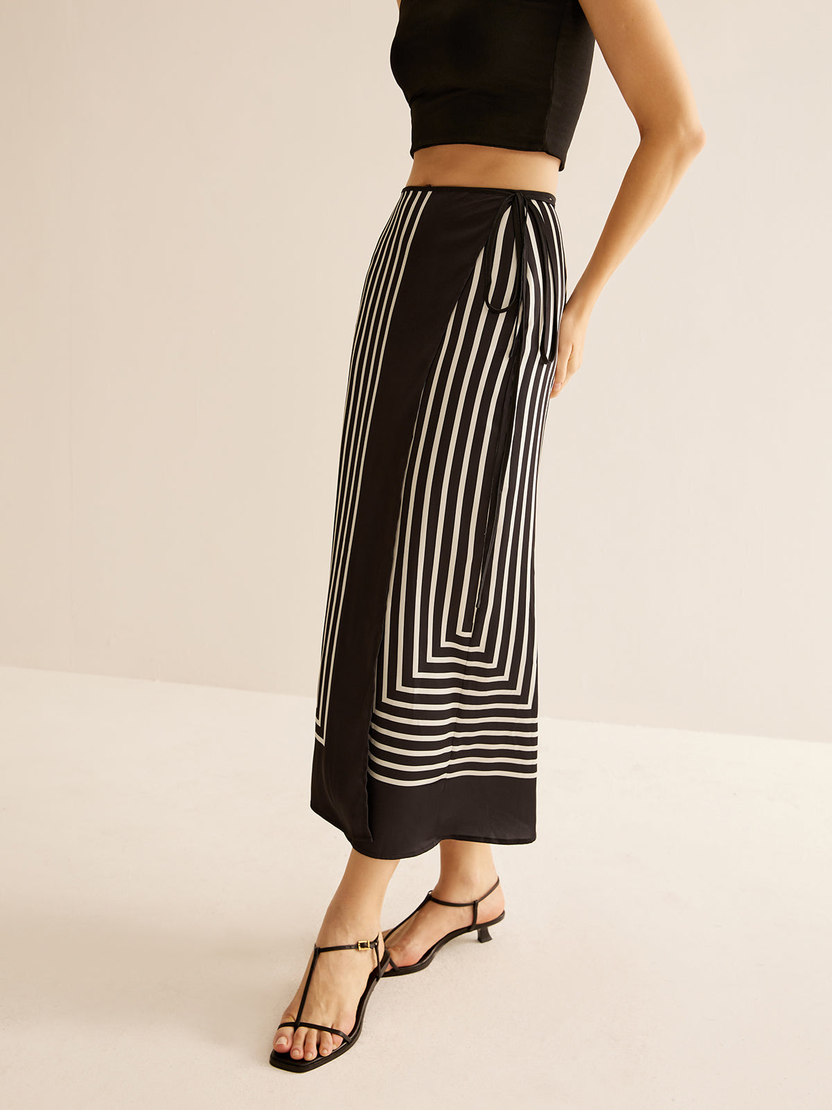 Geometric Pinstripe Satin Wrap Tie Skirt with Adjustable Waist Closure