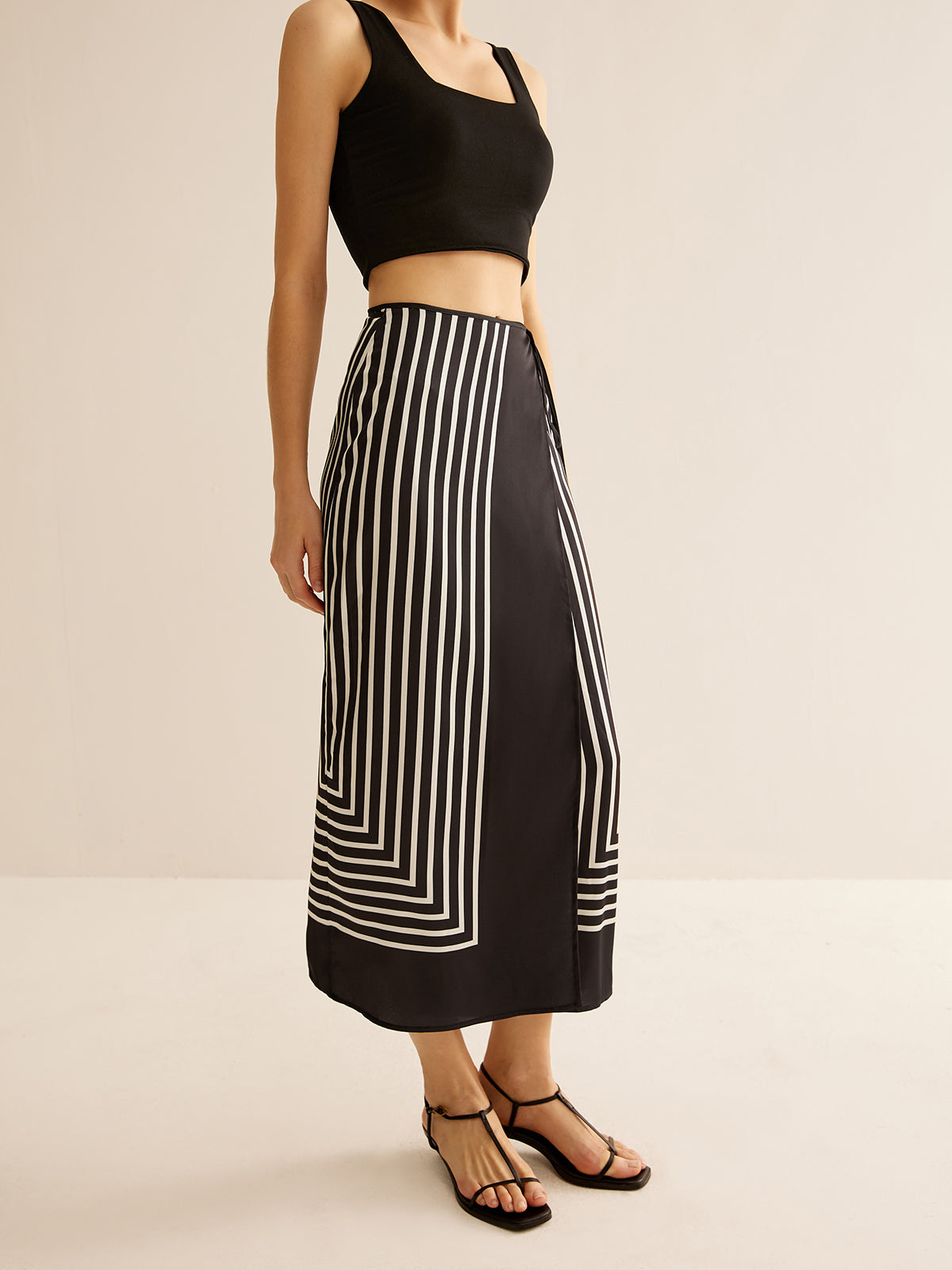 Geometric Pinstripe Satin Wrap Tie Skirt with Adjustable Waist Closure