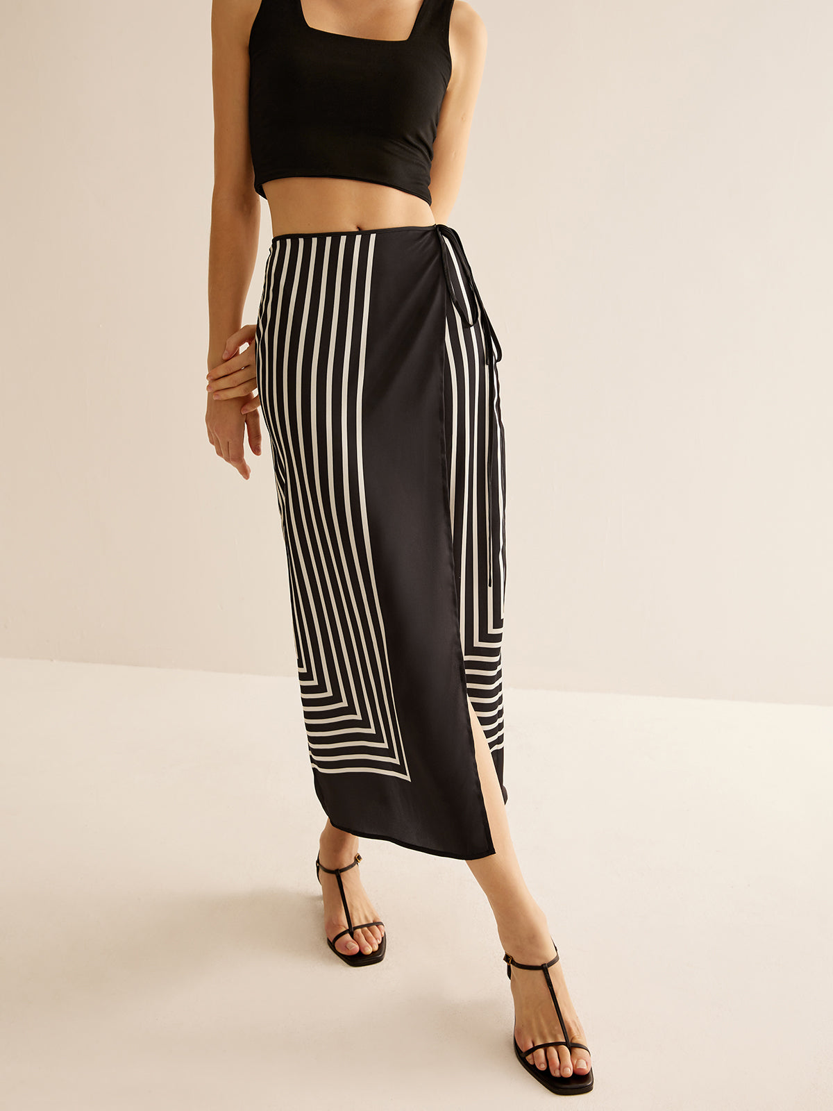 Geometric Pinstripe Satin Wrap Tie Skirt with Adjustable Waist Closure