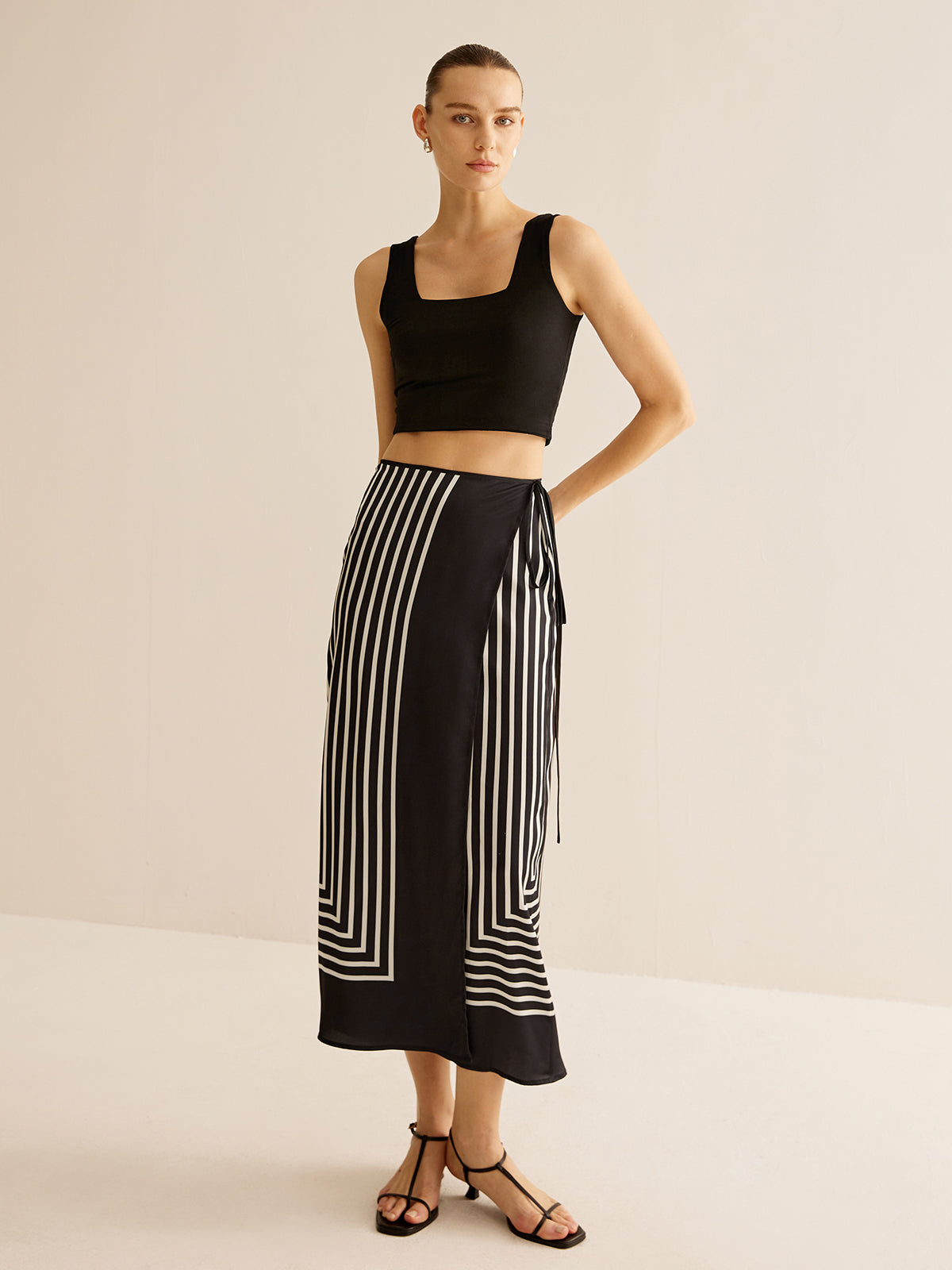 Geometric Pinstripe Satin Wrap Tie Skirt with Adjustable Waist Closure