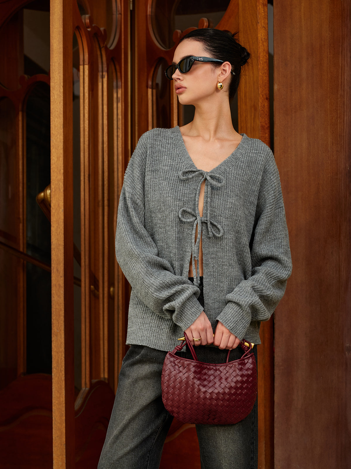 Wool-Blend V-Neck Tie Front Cardigan Women's Cozy Sweater