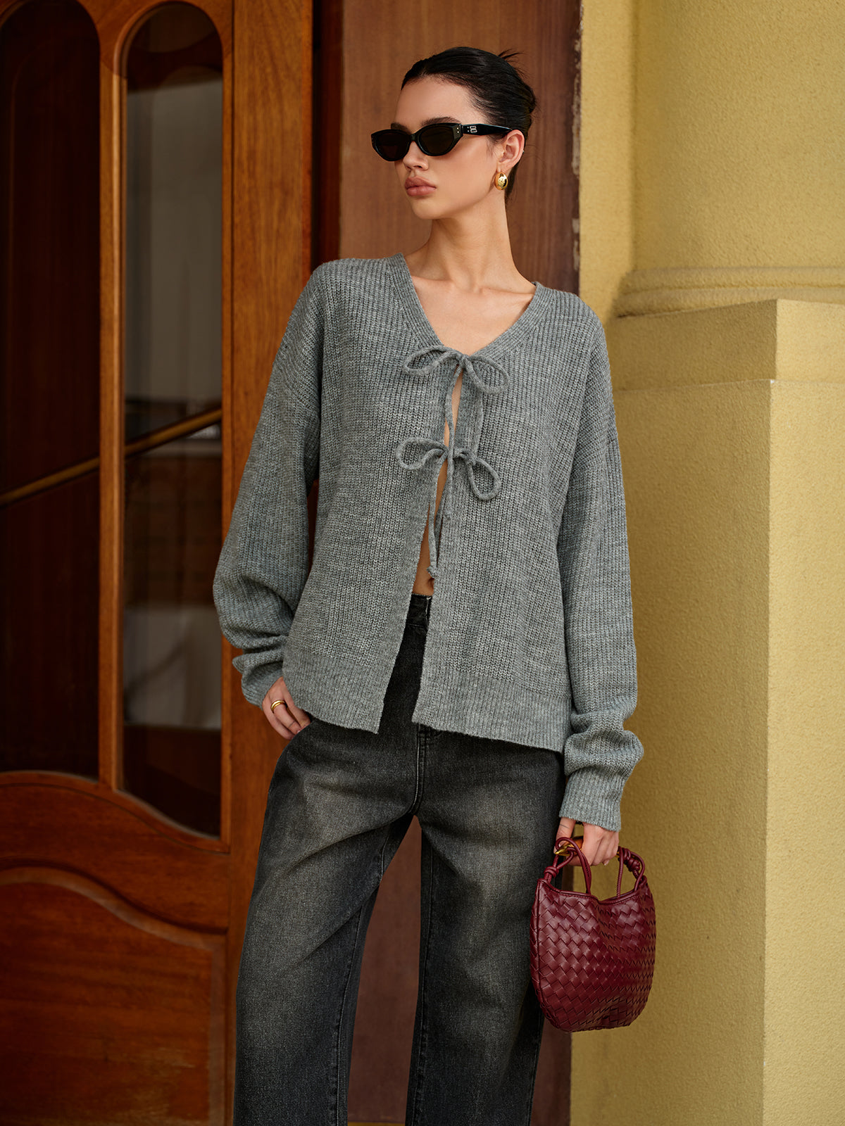 Wool-Blend V-Neck Tie Front Cardigan Women's Cozy Sweater