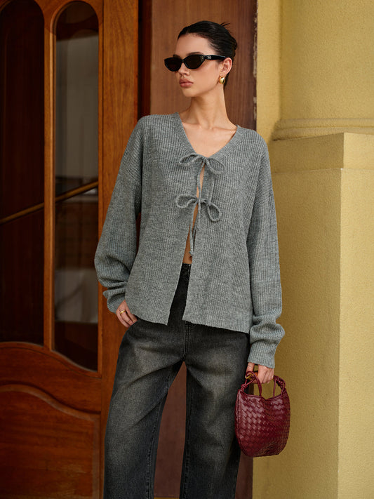 Wool-Blend V-Neck Tie Front Cardigan Women's Cozy Sweater