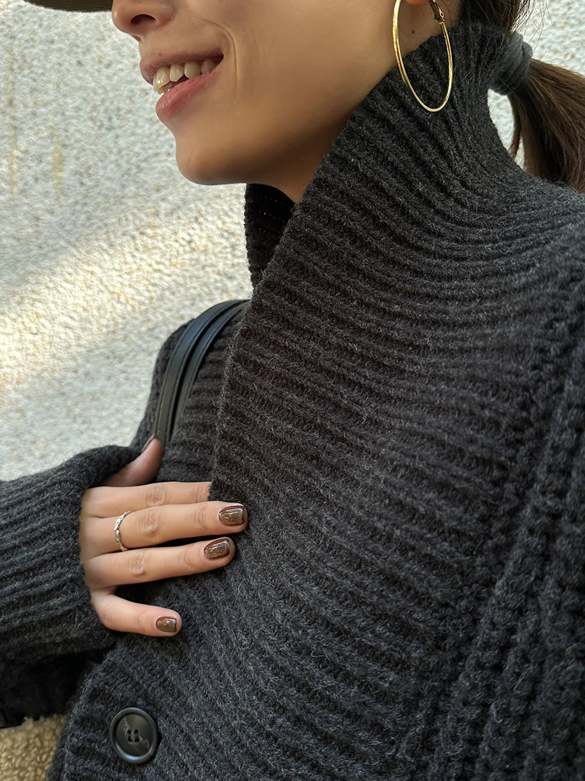Ribbed Lapel Button Knit Outerwear Casual Fashion Sweater Coat