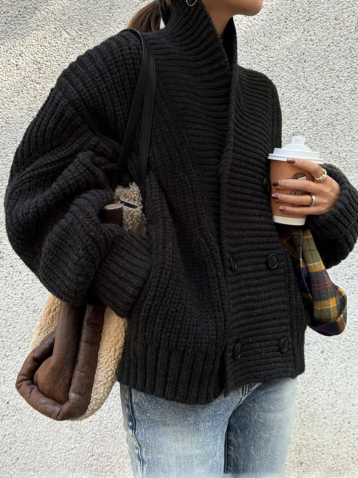 Ribbed Lapel Button Knit Outerwear Casual Fashion Sweater Coat