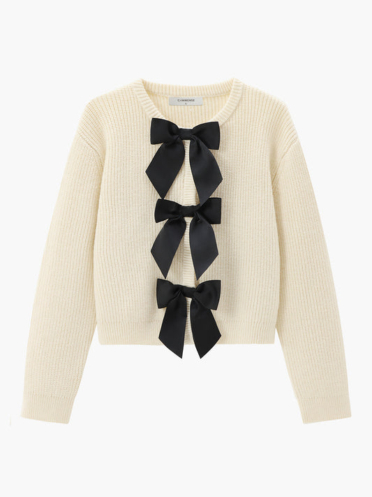 Bow Ribbed Warm Sweater for Women Casual Winter Wear